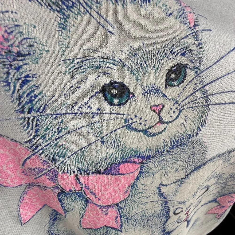 80s/90s Vintage Graphic Cat T-Shirt Pastel Kawaii Kitten | Made in USA - Picture 7 of 14